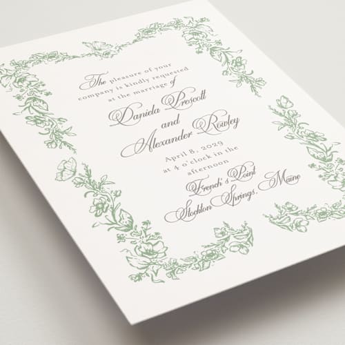 This is a mint petite wedding invitations with standard by Melinda Denison called romantic garden printing on signature in petite