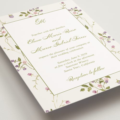 This is a cream petite wedding invitations with standard by Nicole Dragomir called wild berry watercolor printing on signature in petite