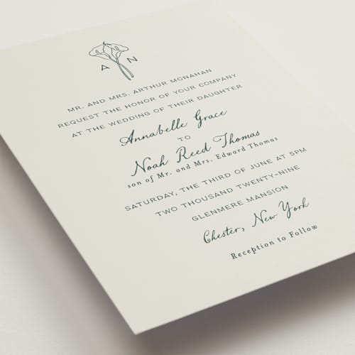 This is a sage petite wedding invitations with standard by Leah Bisch called pair of calla lilies printing on signature in petite