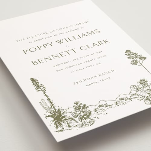 This is a verde petite wedding invitations with standard by Megan Davis called rancho printing on signature in petite