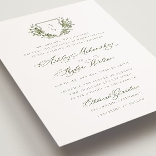 This is a moss petite wedding invitations with standard by Cass Loh called watercolor flowers crest printing on signature in petite