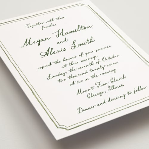 This is a moss petite wedding invitations with standard by Cass Loh called handwritten printing on signature in petite