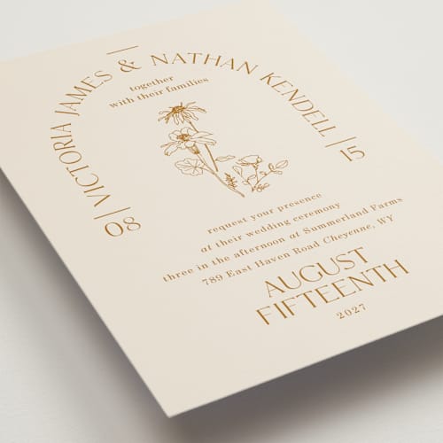 This is a cream petite wedding invitations with standard by Baumbirdy called floral type arch printing on signature in petite