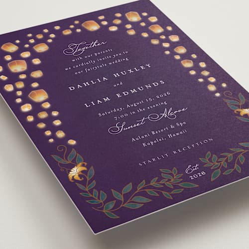 This is a twilight petite wedding invitations with standard by Simona Camp called disney's tangled lanterns printing on signature in petite