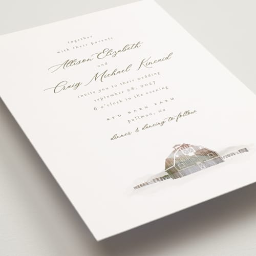 This is a fawn petite wedding invitations with standard by AK Graphics called rustic barn printing on signature in petite