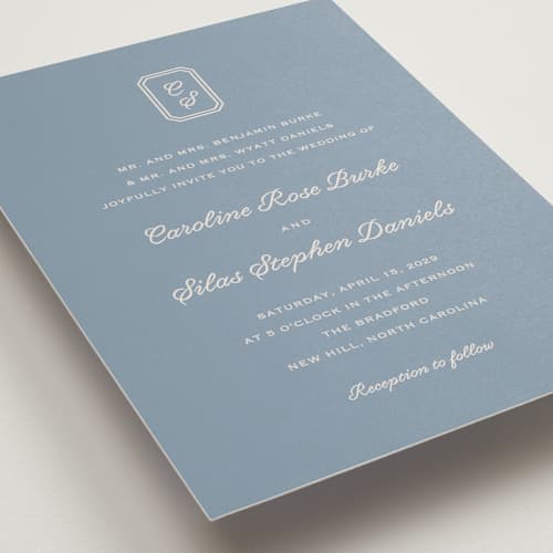 This is a french blue petite wedding invitations with standard by Carolyn MacLaren called bevel monogram printing on signature in petite