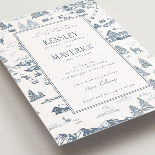 This is a denim petite wedding invitations with standard by Jenna Holcomb called aspen toile printing on signature in petite