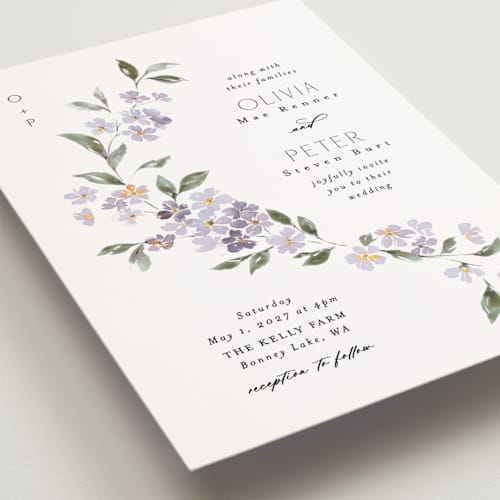 This is a periwinkle petite wedding invitations with standard by Itsy Belle Studio called sweeping vine printing on signature in petite
