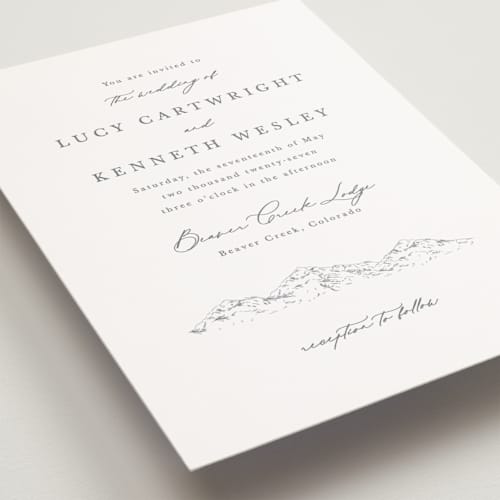This is a pewter petite wedding invitations with standard by Sarah Brown called mountainview printing on signature in petite