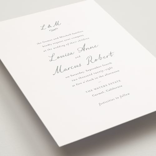 This is a sage petite wedding invitations with standard by Sara Hicks Malone called signature monogram printing on signature in petite