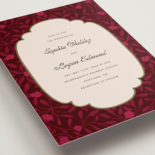 This is a garnet petite wedding invitations with standard by Morgan Kendall called victorian chic printing on signature in petite