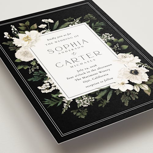 This is a black tie petite wedding invitations with standard by Susan Moyal called botanical love printing on signature in petite