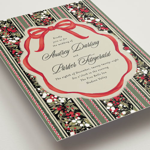 This is a ruby petite wedding invitations with standard by Jackie Crawford called holiday ribbon printing on signature in petite
