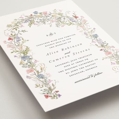 This is a sage petite wedding invitations with standard by Lori Wemple called flowering arch printing on signature in petite