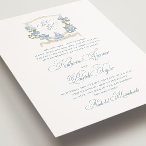 This is a ocean petite wedding invitations with standard by Creo Study called coastal crest printing on signature in petite
