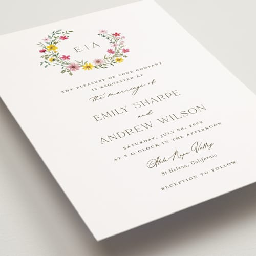 This is a peony petite wedding invitations with standard by Yaling Hou Suzuki called wildflower wreath printing on signature in petite
