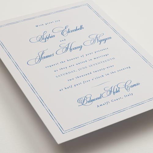 This is a blue mist petite wedding invitations with standard by Design Lotus called amalfi blue printing on signature in petite