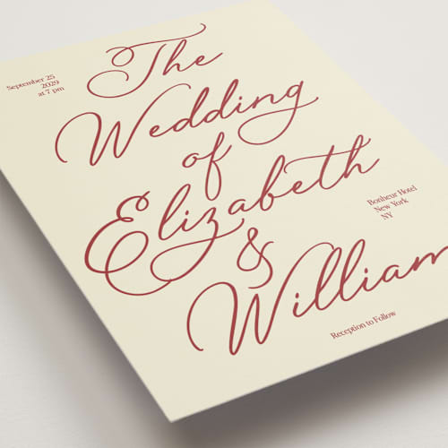 This is a burgundy petite wedding invitations with standard by Helena Vitto called elizabeth printing on signature in petite