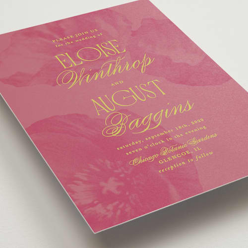 This is a flamingo petite wedding invitations with standard by Morgan Kendall called maximalist poppies printing on signature in petite