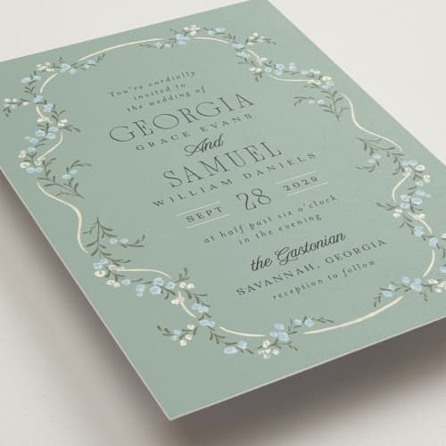 This is a buttermint petite wedding invitations with standard by Laura Hankins called trailing garden printing on signature in petite