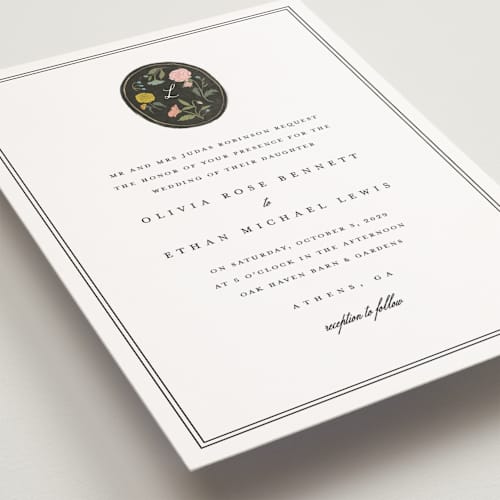 This is a swan petite wedding invitations with standard by Lori Wemple called botanical cameo printing on signature in petite