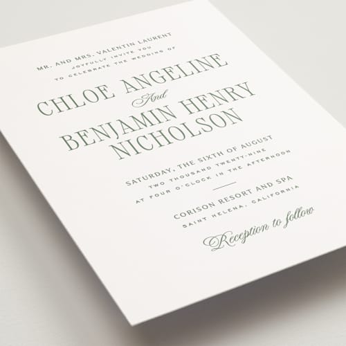 This is a moss petite wedding invitations with standard by Kelly Schmidt called woods printing on signature in petite