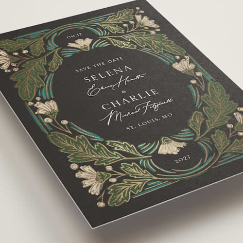 This is a lily petite save the dates with foil pressed by Jen Owens called embellished printing on signature in petite