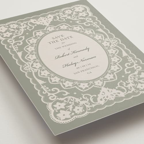 This is a sage petite save the dates with standard by Zove Ahhh called written in romance printing on signature in petite
