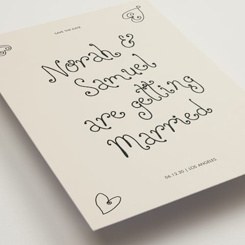 This is a ink petite save the dates with standard by Kelly Watkins called hand-drawn hearts printing on signature in petite