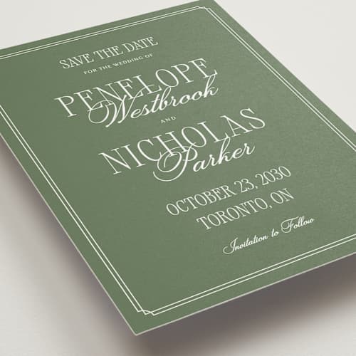This is a garden petite save the dates with standard by Kelly Schmidt called overlapped script printing on signature in petite