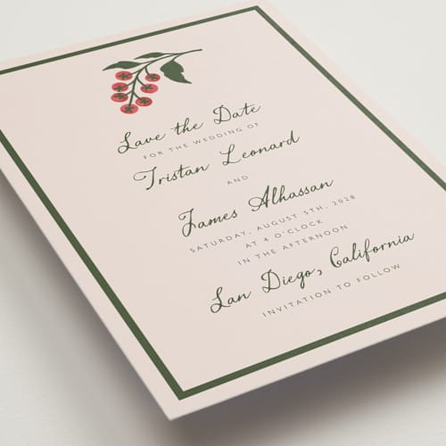 This is a sand petite save the dates with standard by Katharine Watson called tomato vine printing on signature in petite