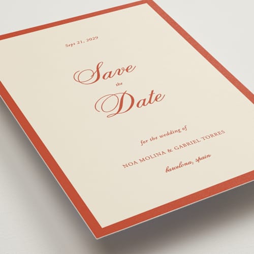 This is a cherry petite save the dates with standard by Ani Somi called borders printing on signature in petite