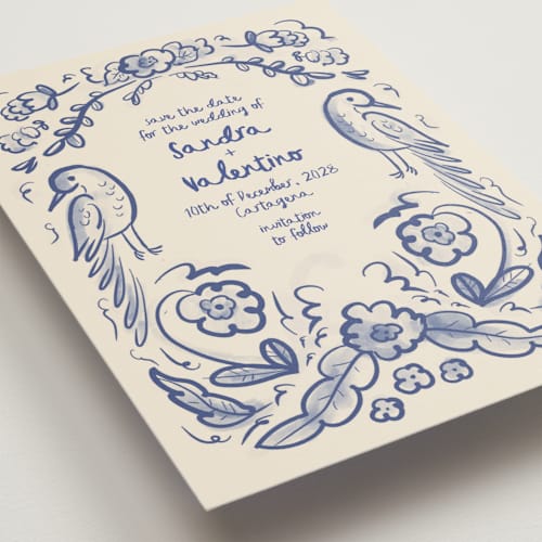 This is a marseille blue petite save the dates with standard by Ani Somi called santa catalina printing on signature in petite