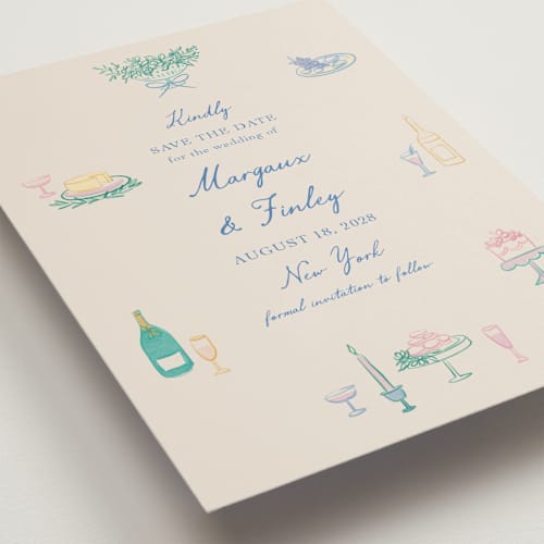 This is a pastel petite save the dates with standard by Elly called dining printing on signature in petite