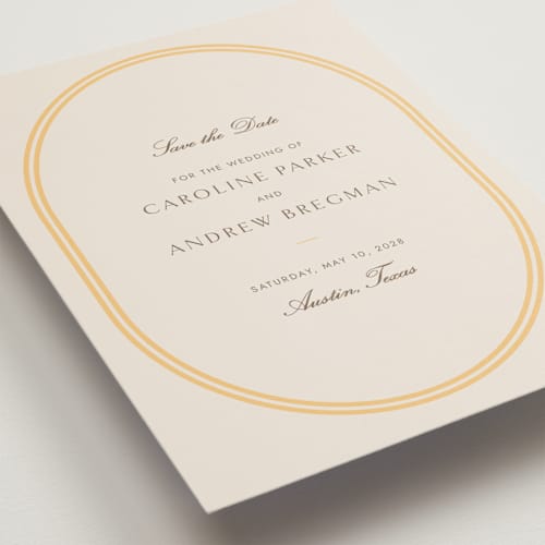 This is a melon petite save the dates with standard by Megan Davis called bocce printing on signature in petite