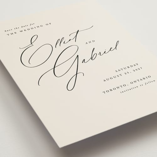 This is a ecru petite save the dates with standard by Hooray Creative called scripted names printing on signature in petite