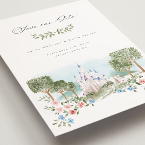 This is a spring petite save the dates with standard by Petra Kern called disney's once upon in a dream printing on signature in petite