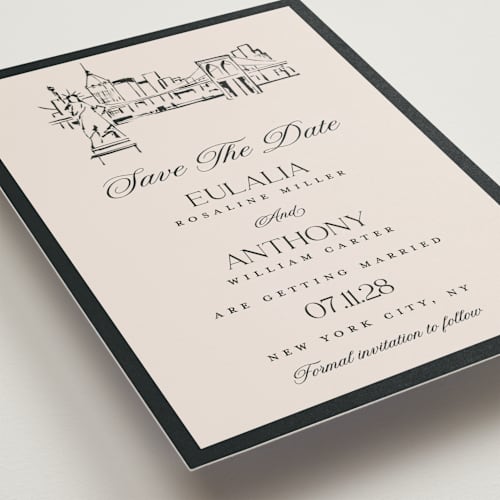 This is a halo petite save the dates with standard by Teju Reval called nyc skyline printing on signature in petite