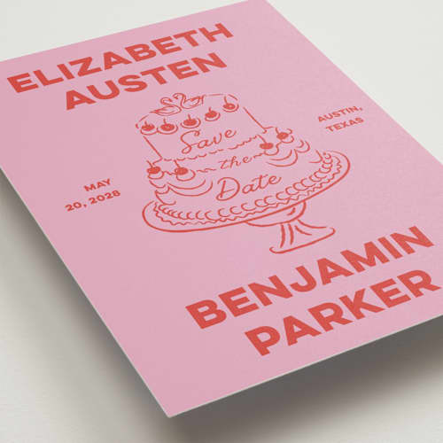 This is a cherry petite save the dates with standard by Helena Vitto called the cake printing on signature in petite