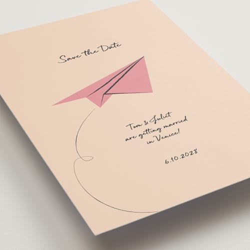 This is a strawberry petite save the dates with standard by Ani Somi called away printing on signature in petite