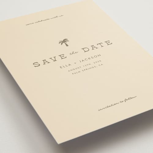 This is a sand petite save the dates with standard by Olivia Goree called vacation printing on signature in petite