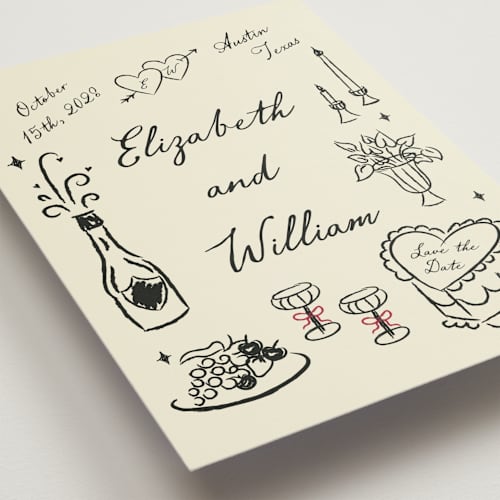 This is a champagne petite save the dates with standard by Helena Vitto called vintage lovers printing on signature in petite