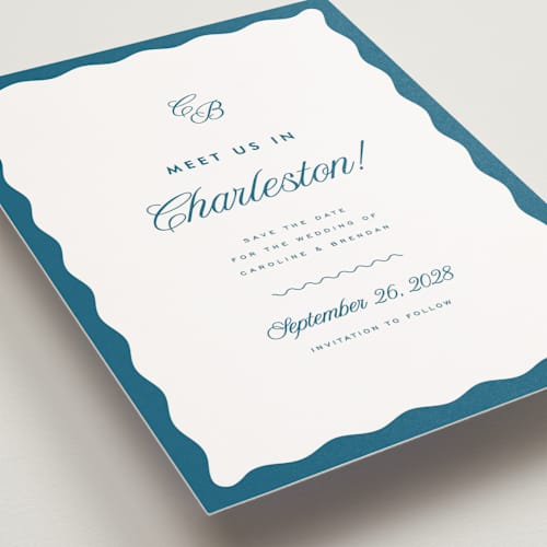 This is a ocean petite save the dates with standard by Kelly Schmidt called meet us printing on signature in petite