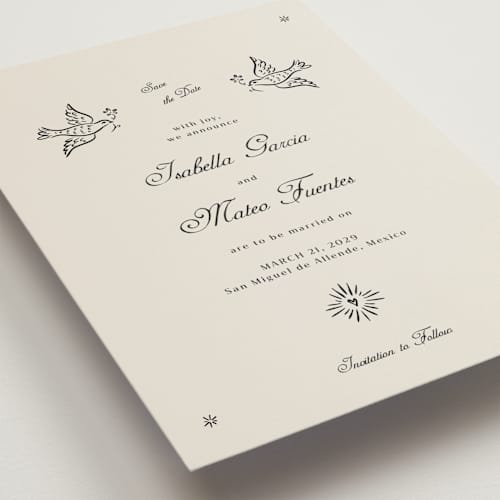This is a ivory petite save the dates with standard by Ani Somi called milagro printing on signature in petite