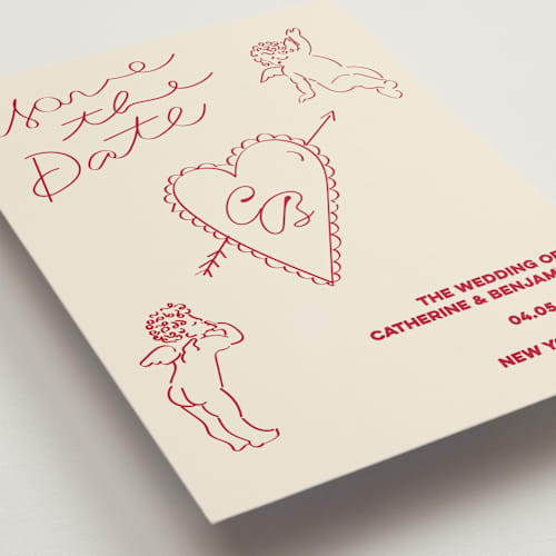 This is a cream petite save the dates with standard by Helena Vitto called crazy little thing called love printing on signature in petite