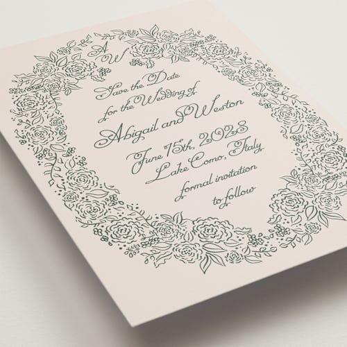 This is a moss petite save the dates with standard by Tamara Hilje called crest florale printing on signature in petite