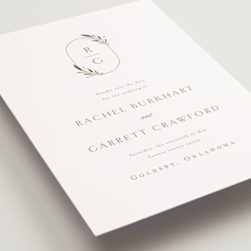 This is a champagne petite save the dates with standard by Jennifer Postorino called soft sprigs printing on signature in petite