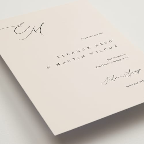This is a linen petite save the dates with standard by Kelly Schmidt called corner printing on signature in petite