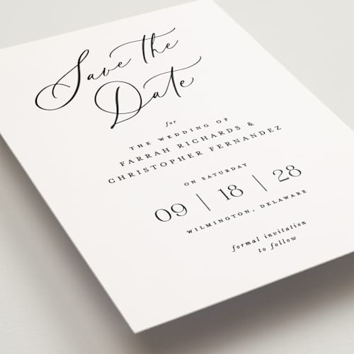 This is a pearl petite save the dates with standard by Hooray Creative called beautifully scripted printing on signature in petite