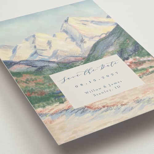 This is a summer petite save the dates with standard by Petra Kern called the valley printing on signature in petite